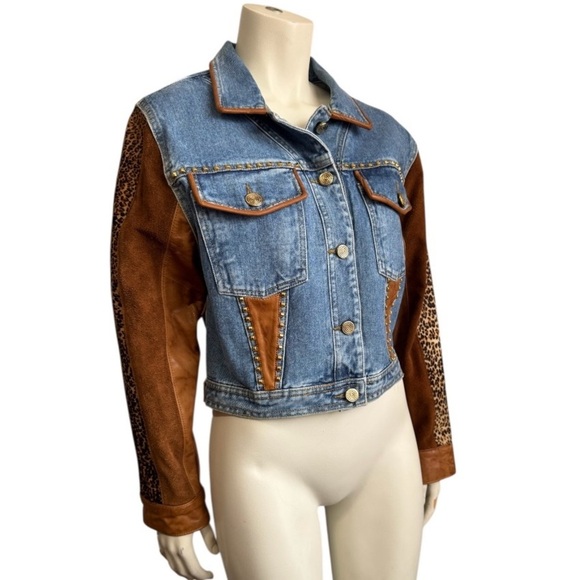 Cache Y2K Jean Jacket Suede Leopard Leather Denim Women’s Size Small NWT - Picture 1 of 13